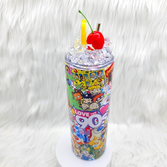 90s cartoons skinny tumbler drinking cup 20 Oz. with ice topper. - Picture 1 of 5
